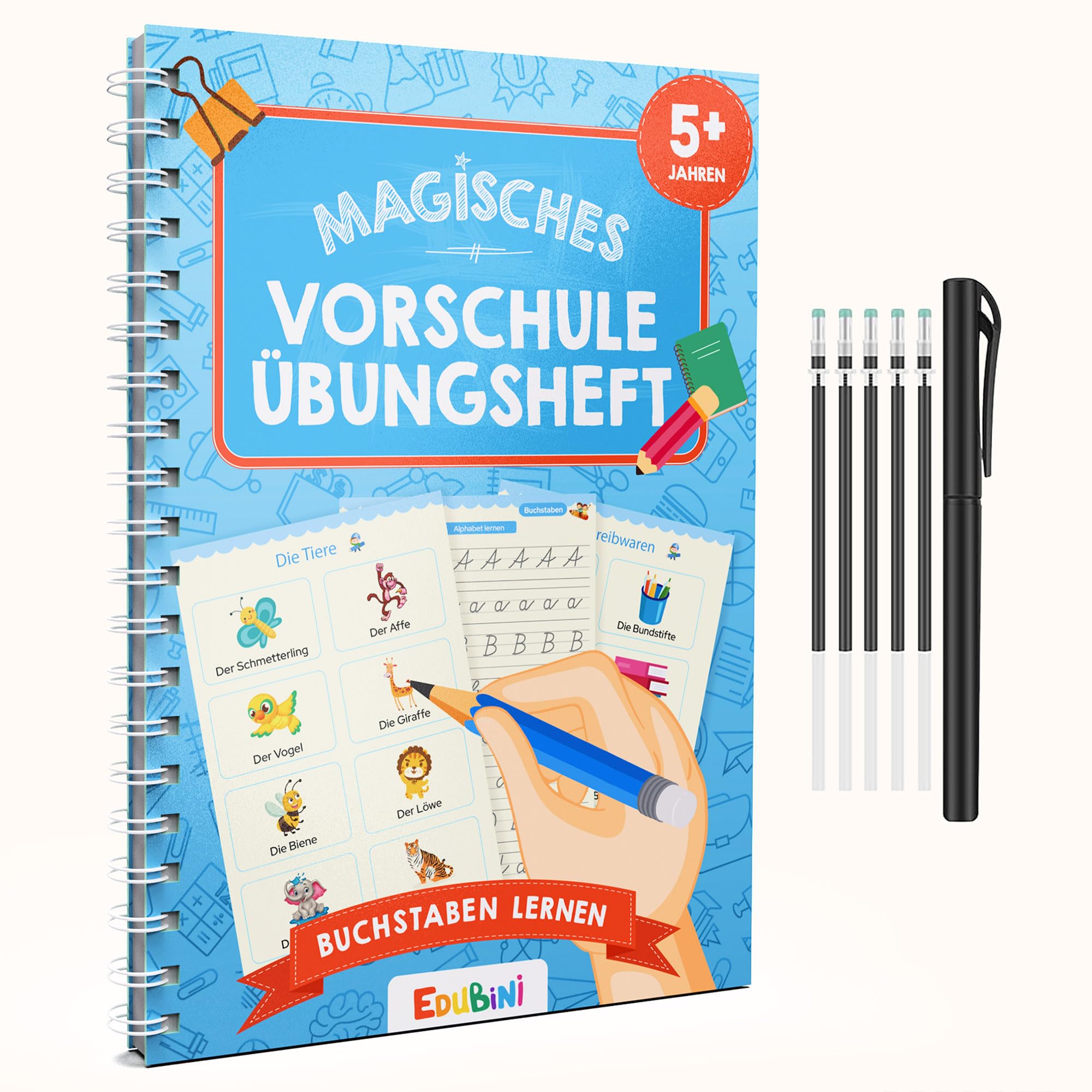 Edubini Cuaderno de ejercicios preescolar mágico a partir de 5 años para niños y niñas – [cuaderno + lápiz] – Cuaderno de escritura reutilizable para preescolar – aprendizaje de letras