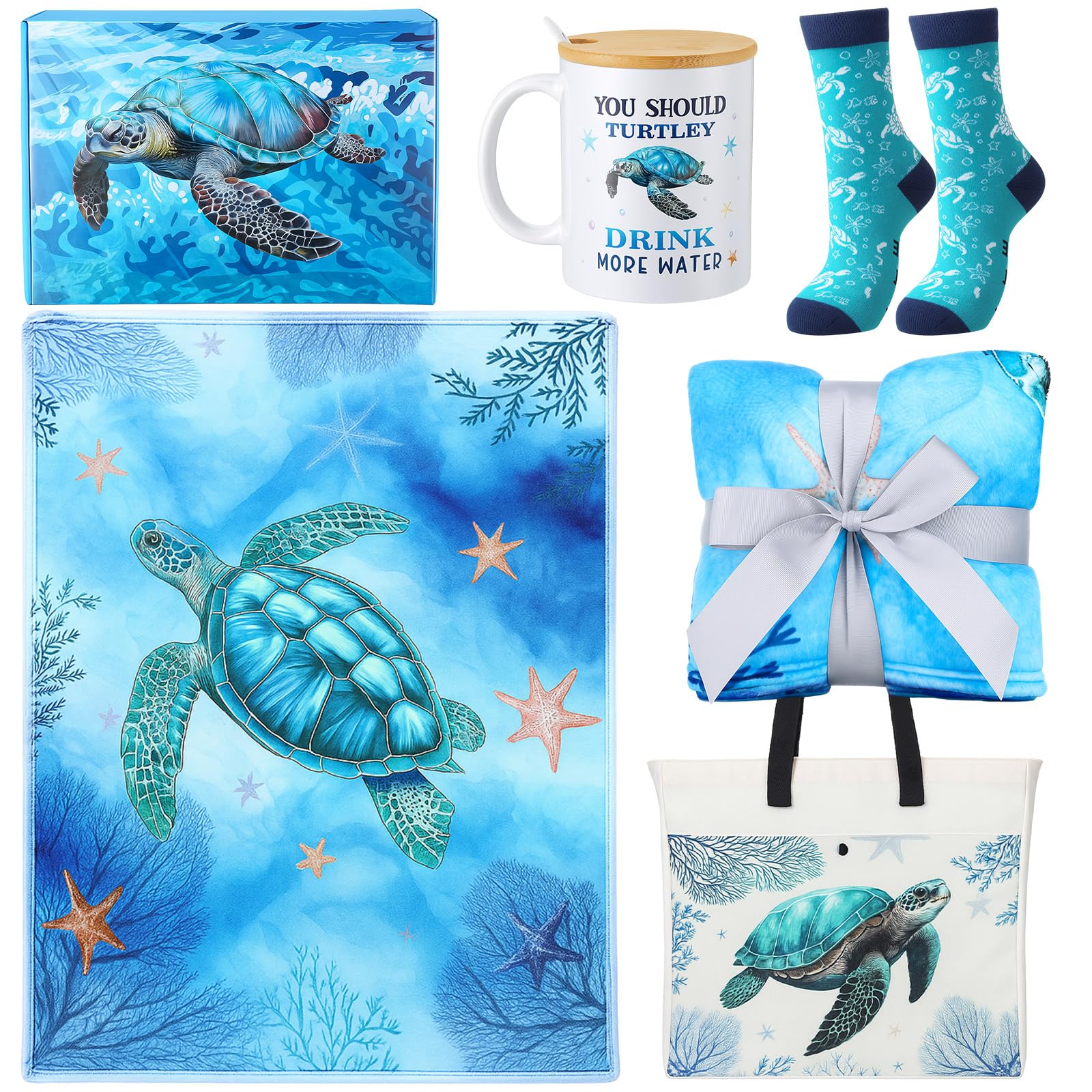 5 Pcs Sea Turtle Lover Gifts for Women Baskets Birthday Gift Set Include Blanket, Canvas Tote Bag, Socks, Coffee Mug, Airplane Box for Mom, Wife, Sister, Friend