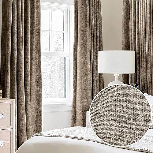 Absolutely Blackout Linen Curtains for Bedroom, Coffee Brown, W40 x L95, 2 Panels, Textured Burlap Linen Look Noise Reducing Window Treatments Drapes for Living Room