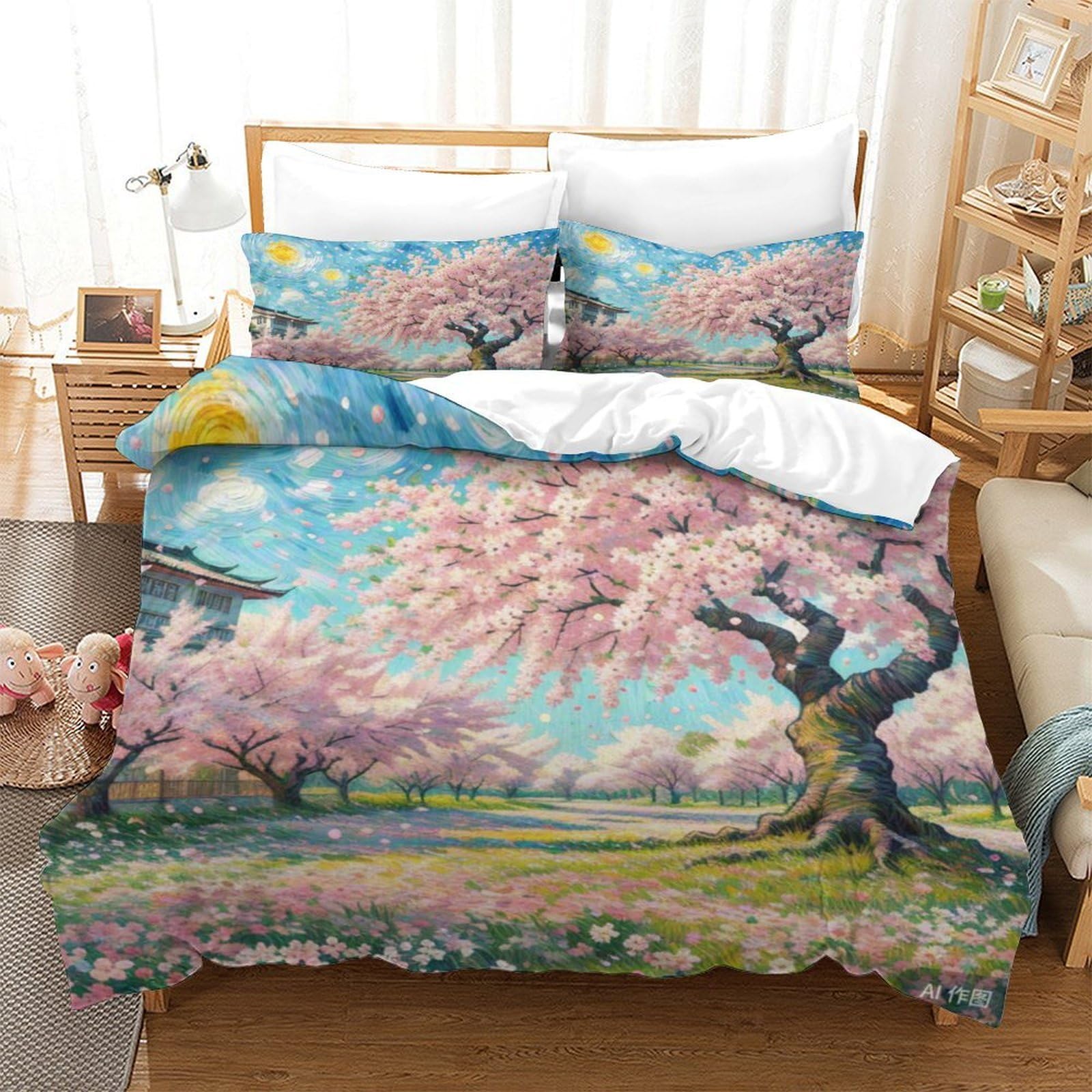 Housse de couette fleur de cerisier 140x200 microfibre avec taie