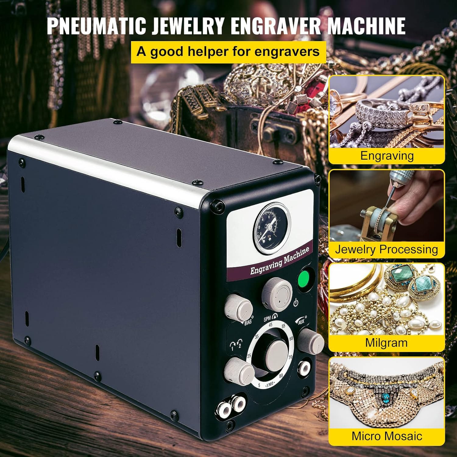 Máquina de Grabado neumática de Doble Cabezal, máquina de Grabado de joyería 110v220v, Herramienta de Grabado multifunción para joyería Artesanal Madera de Hierro Forjado