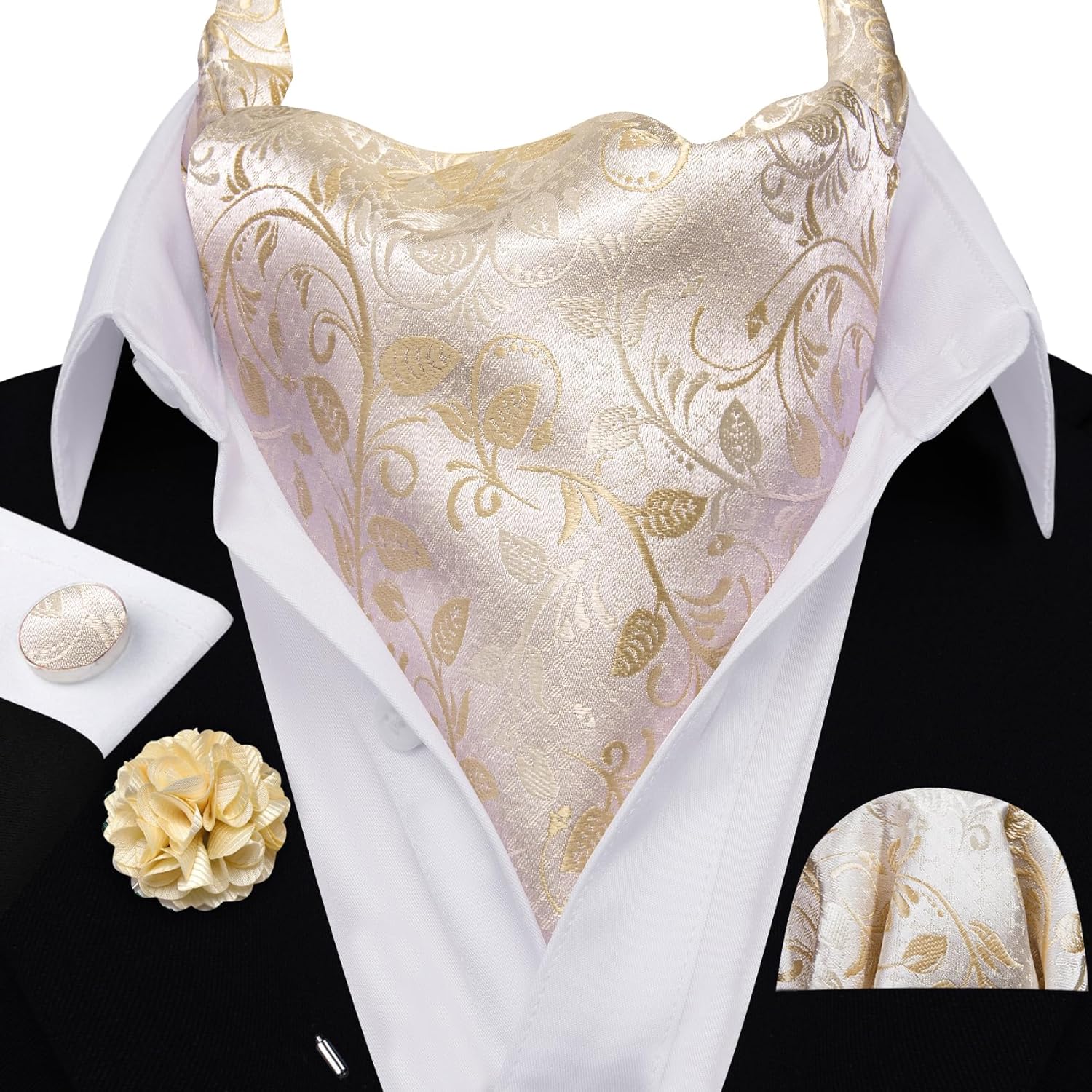 Barry.Wang Men's Ascot Paisley Floral Cravats Tie Lapel Pin Pocket Square Cufflinks 4PC Wedding Business Party Casual for Men - Image 7