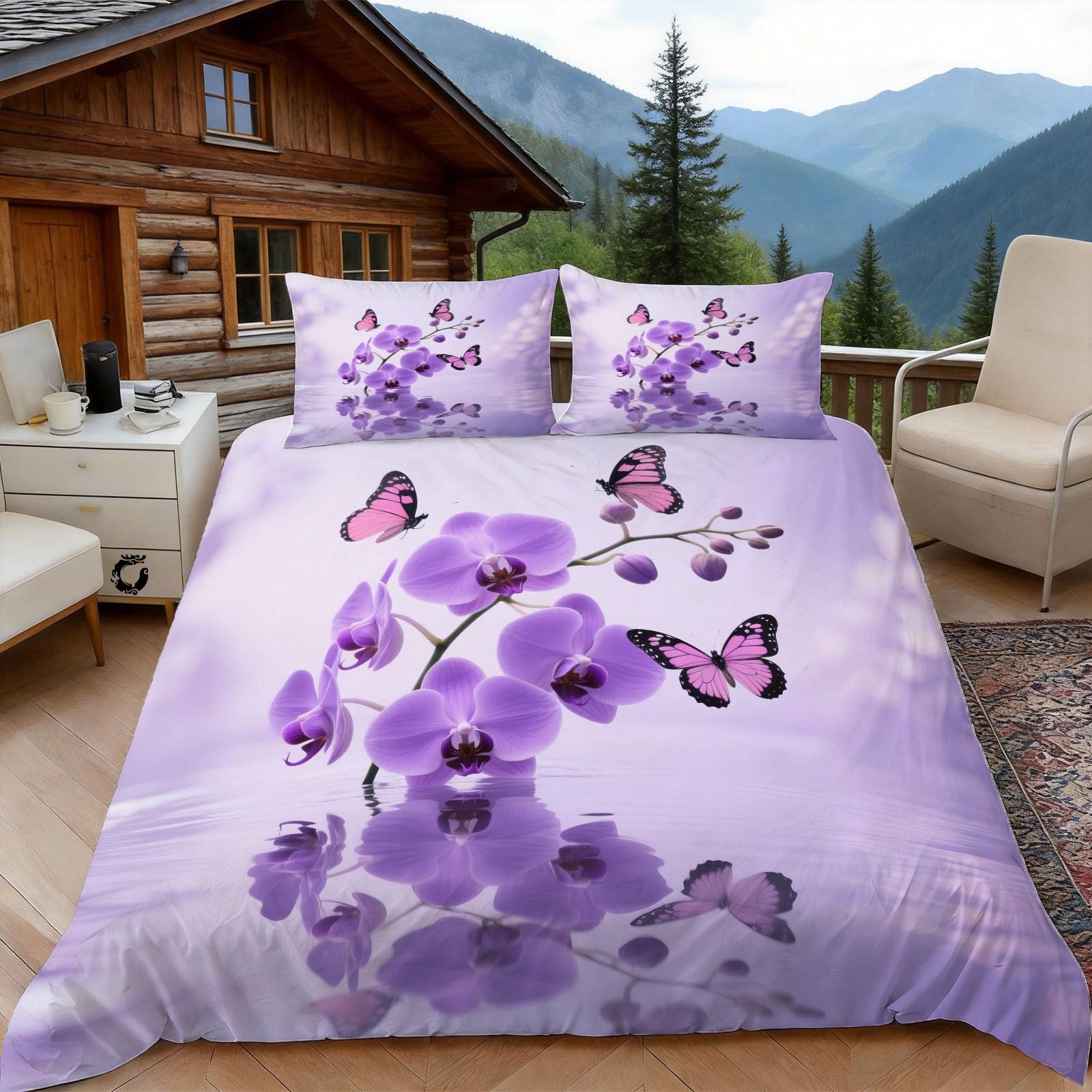 Housse de couette 140x200 phalaenopsis violette - Parure de lit fleur 1 personne avec taies 65x65