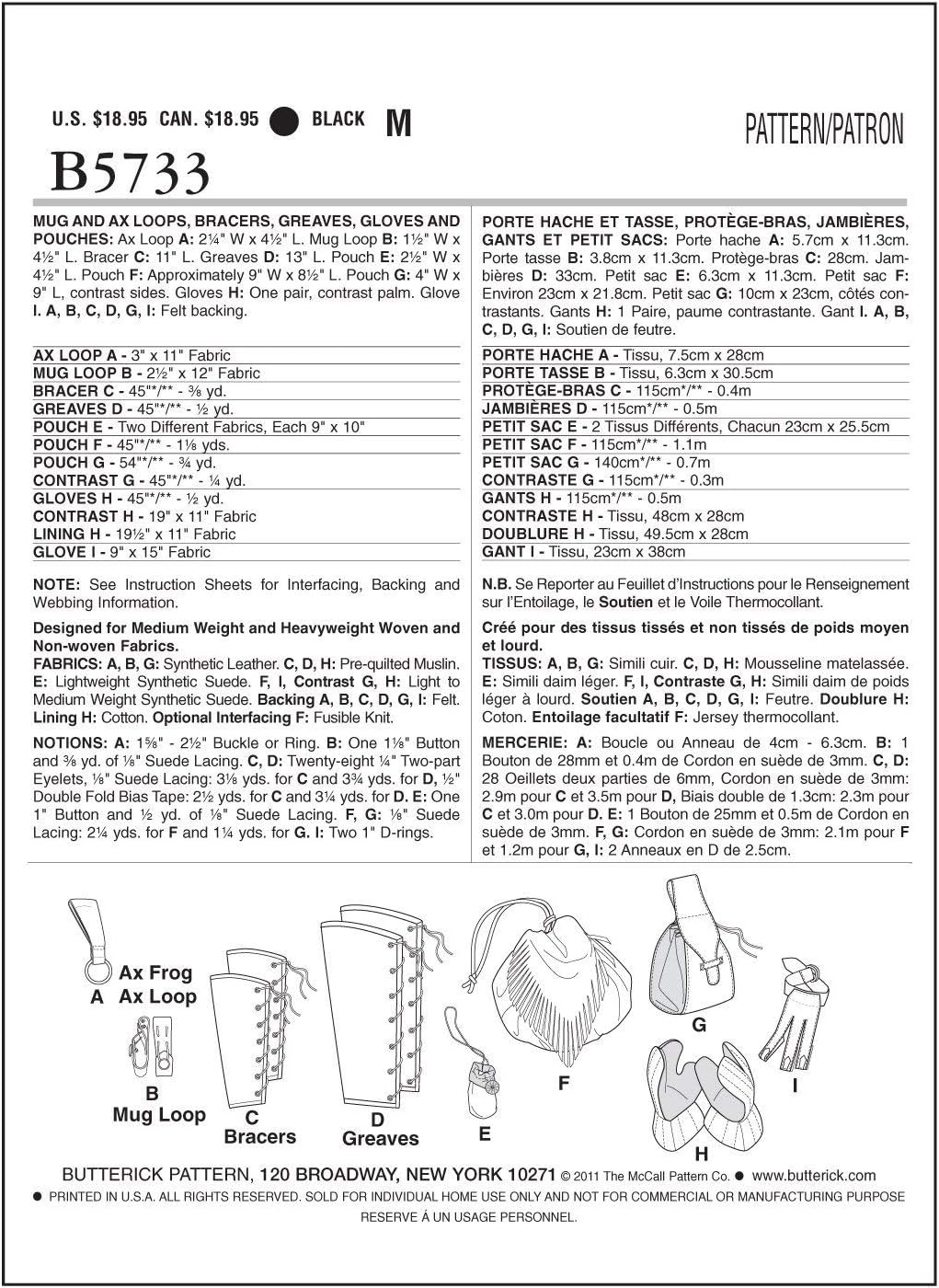 Amazon Com Butterick Patterns B5733 Mug Ax Loops Bracers Greaves Gloves And Pouch One Size Only Arts Crafts Sewing