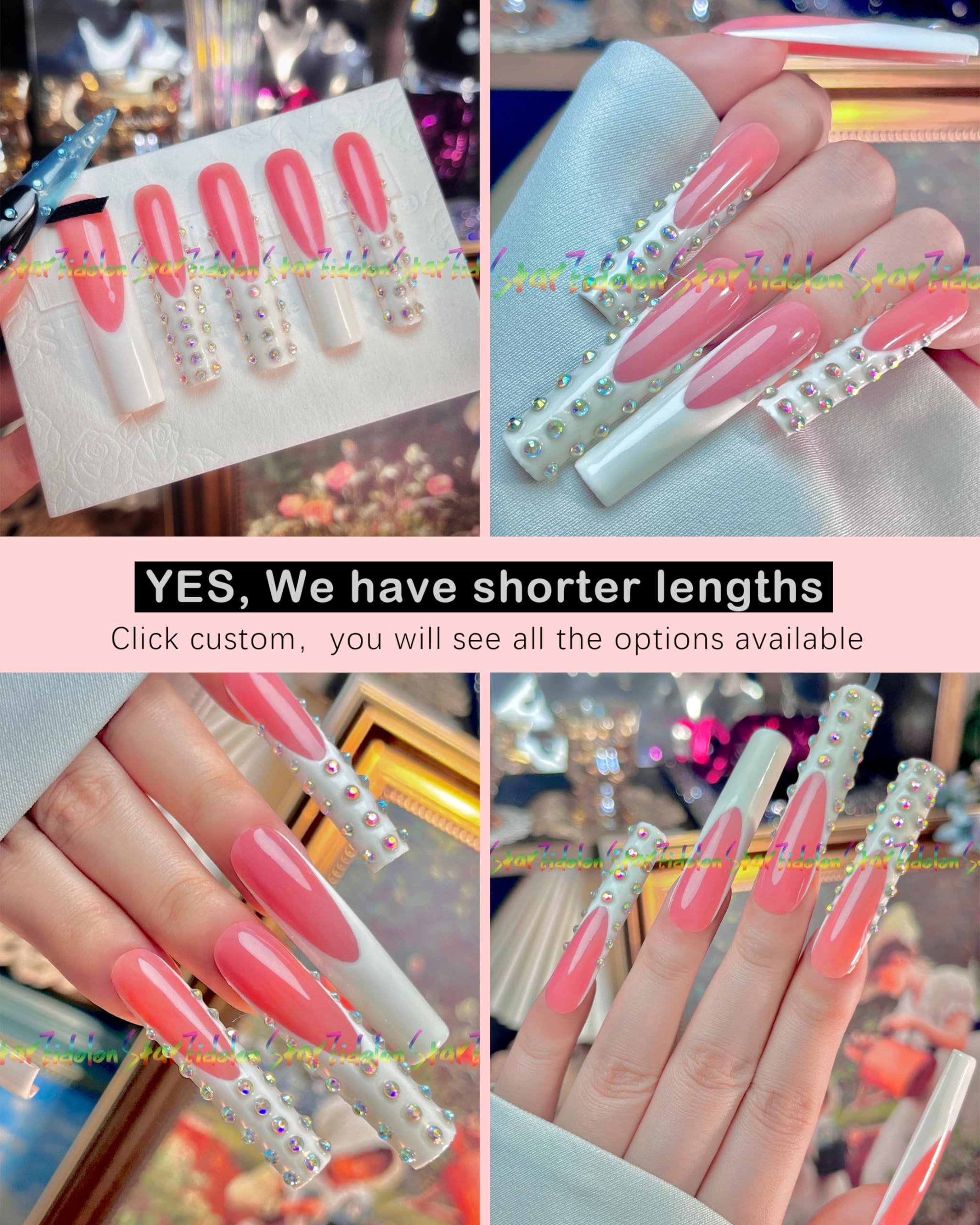 HAND-PAINTED White Press Ons Neon Small Press on Nails Long French Press on Nails Coffin Medium Short Nail art Fake Nail Art Kit with 7g Glue on Nails Handmade Almond Square Nails (Medium, J1)