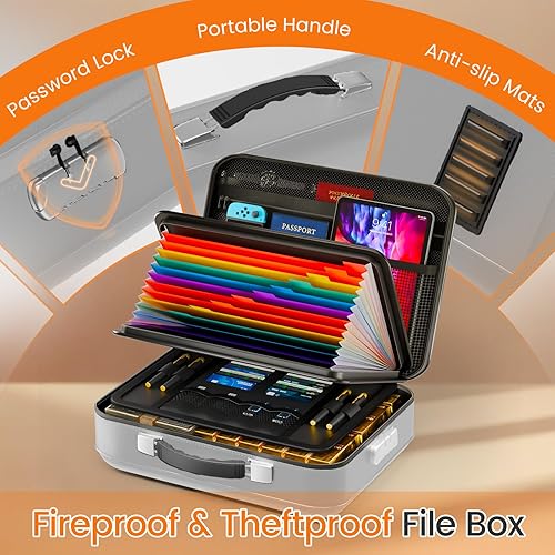 Miniatura 4 de Caja de documentos ignífuga con cerradura, 5200 F resistente al agua, estuche rígido organizador de archivos caja fuerte para documentos