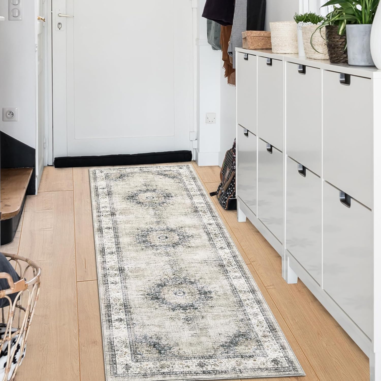 Vintage Distressed 2x6 Hallway Runner Rug - Machine Washable, Non-Slip Design, Medallion Pattern, Absorbs Water, Perfect for Kitchen and Living Room, Sage