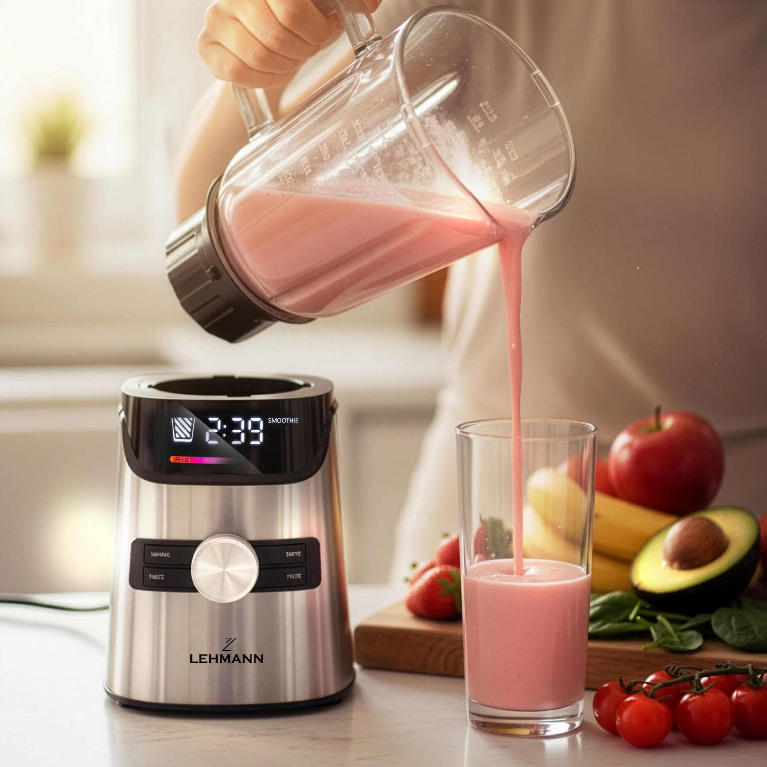 LEHMANN Frullatore Elettrico in Vetro 1,7 L, 10 Velocità, Pulse e 3 Programmi: Smoothie, Tritaghiaccio, Milkshake, Parti Lavabili in Lavastoviglie, Bottiglia Portatile e Macinino, 1400 W, Argento