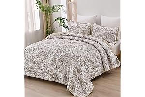 WONGS BEDDING Oversized Queen Size Quilt Set with Floral Print, Khaki 3-Piece