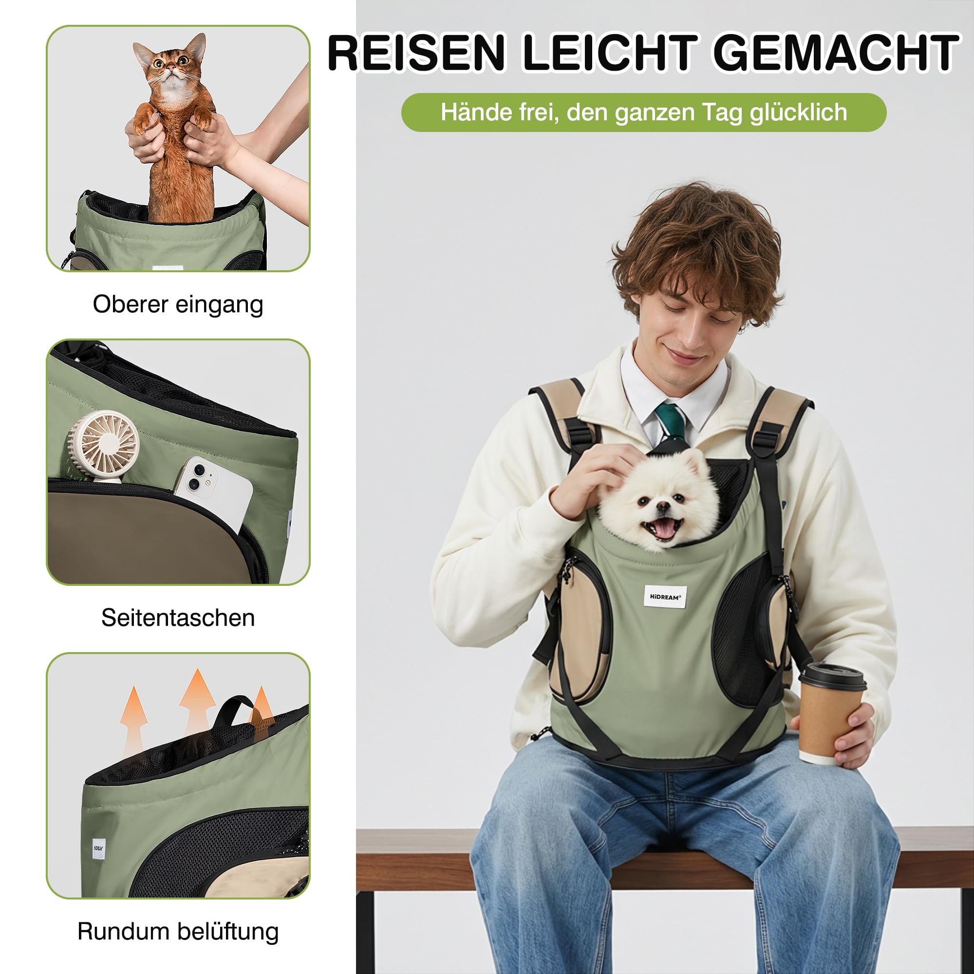ALLSOPETS Hundetragerucksack, Tragbarer Haustiertragerucksack für Katzen Hunde Welpen, Integrierter Sicherheitsgurt, Ergonomisches Design, Atmungsaktiver Hunderucksack für Motorrad (Olivgrün)