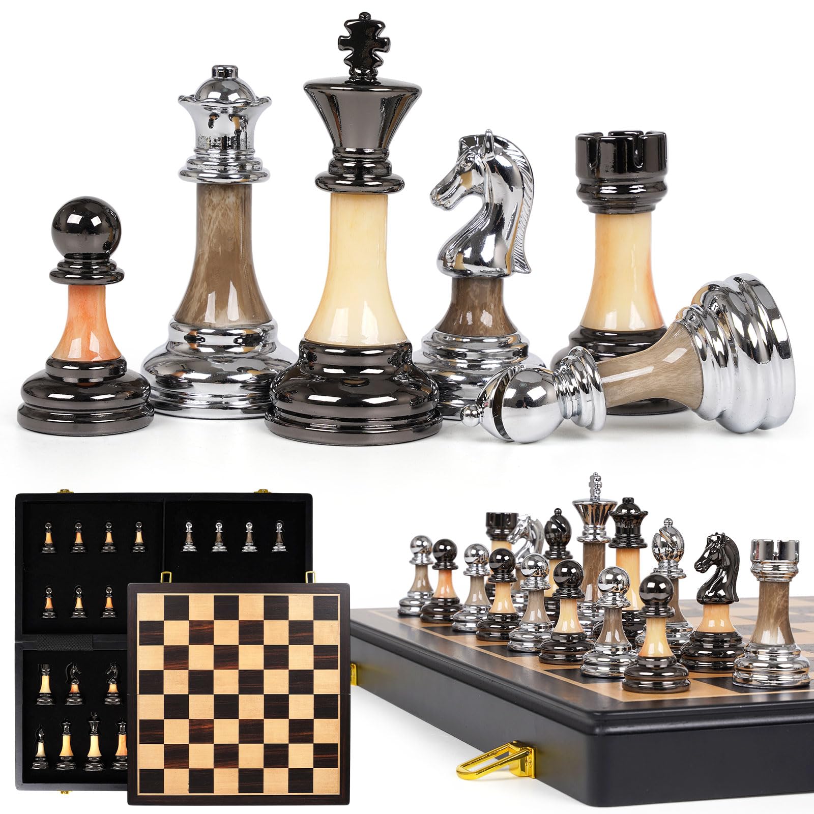Photo 1 of Luxury Large Metal & Acrylic Chess Set with Wooden Chess Board (17”) – Weighted Metal Pieces with 3.5” King, Foldable Tournament Chess Set for Adults & Kids, Professional Family Board Game