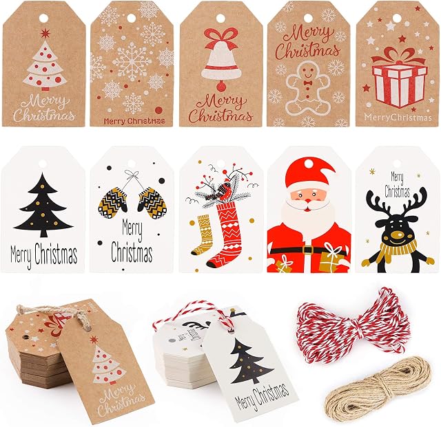 Koogel Christmas Gift Tags, 100 Pieces Gift Tags Labels Xmas Kraft Paper Labels with Jute Twines String for Christmas Party DIY Wrapping Box