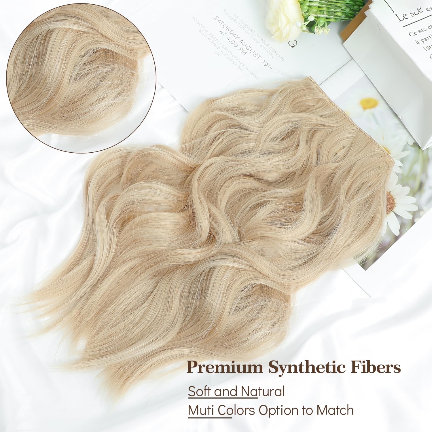 Ms TAj Bleach Blonde Halo Hair Extensions 12 inch with Adjustable Size Removable Clips Synthetic Short Secret Invisible Hair Extension One Piece Curly Hair Pieces for Women - Image 2