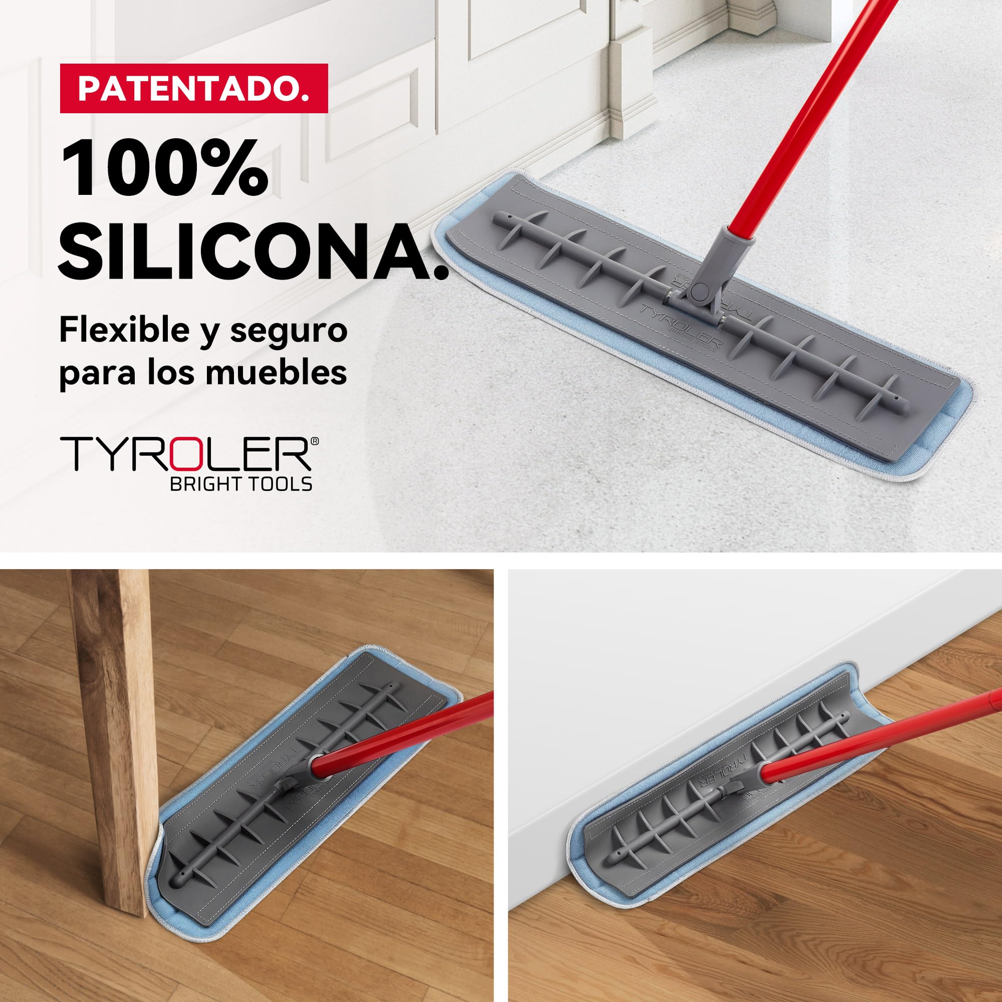 Tyroler Mopa de Microfibra 45 cm de Ancho Cabeza de Silicona Flexible | | Limpieza Profesional del Hogar para Suelo de Madera, Laminado, Baldosas, Cocina, Baño