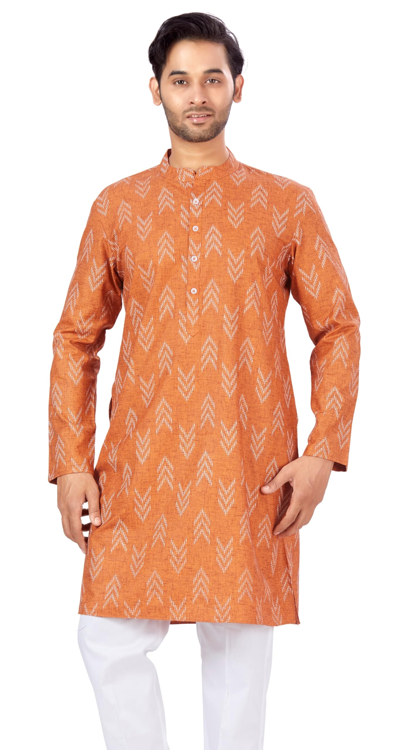 Men's Cotton Blend Relaxed Fit Ikat Printed Knee Length Kurta