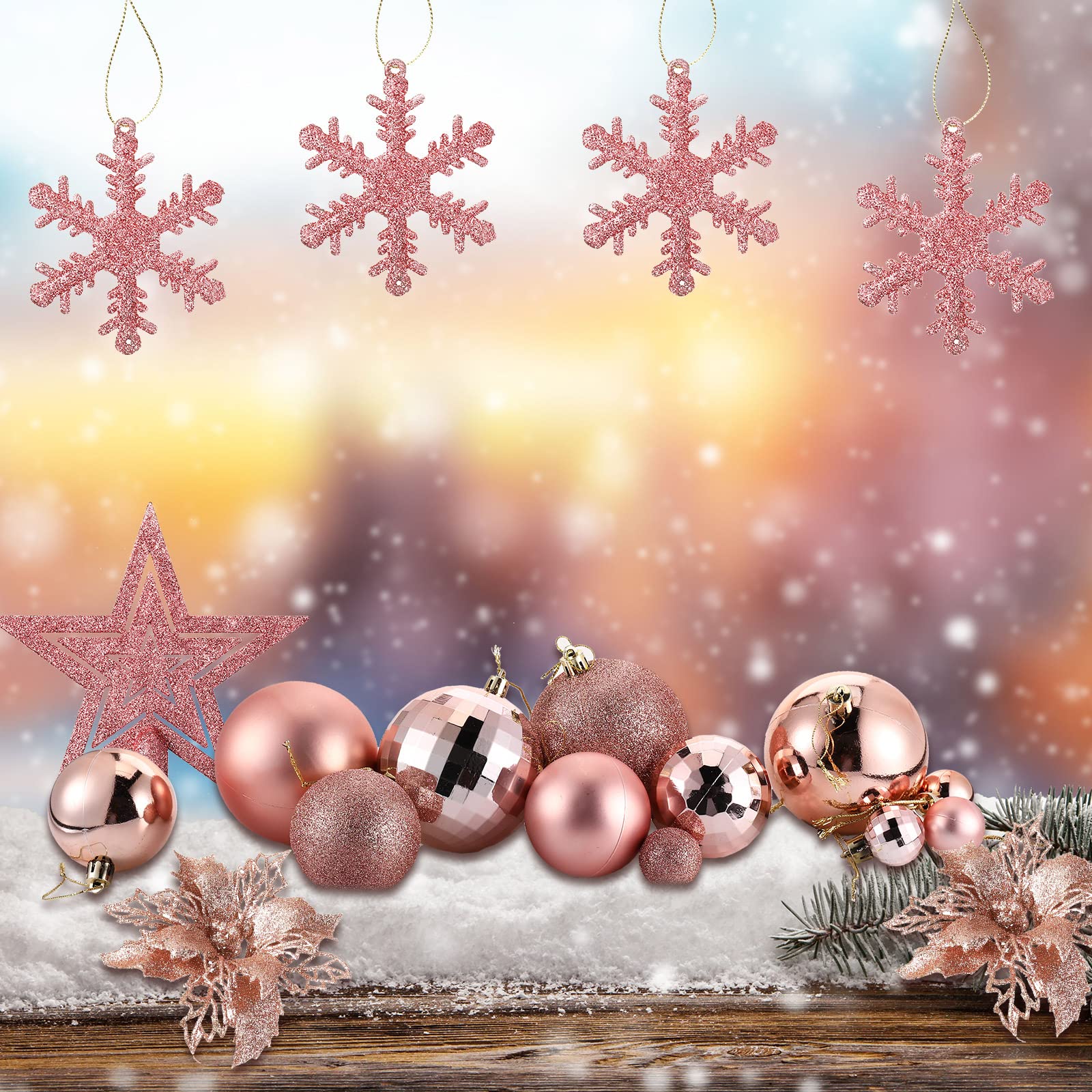 Lot de 94 décorations de sapin de Noël comprenant des boules de Noël à paillettes, des poinsettia à paillettes pour Noël, des vacances, un mariage (or rose)