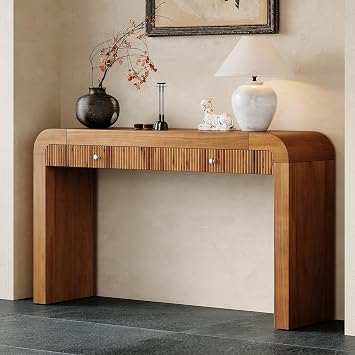 54.3-Inch Extra Long Console Table with 2 Storage Fluted Drawers, Narrow Wooden Sofa Table Behind The Couch with Curved Corners, Farmhouse Entry Foyer Table for Entryway, Living Room, Hallway, Brown