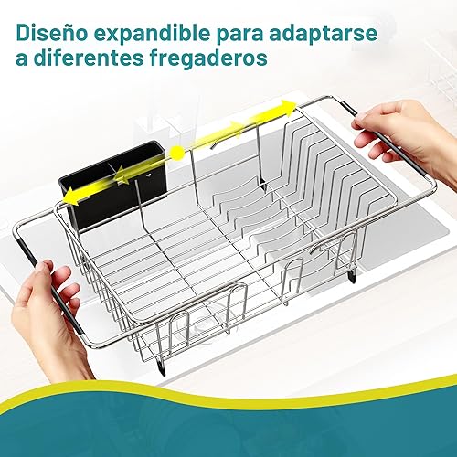 Miniatura 5 de JASIWAY - Escurridor extensible de acero inoxidable para usar sobre fregadero, encimera de cocina y dentro del fregadero, con portautensilios, color