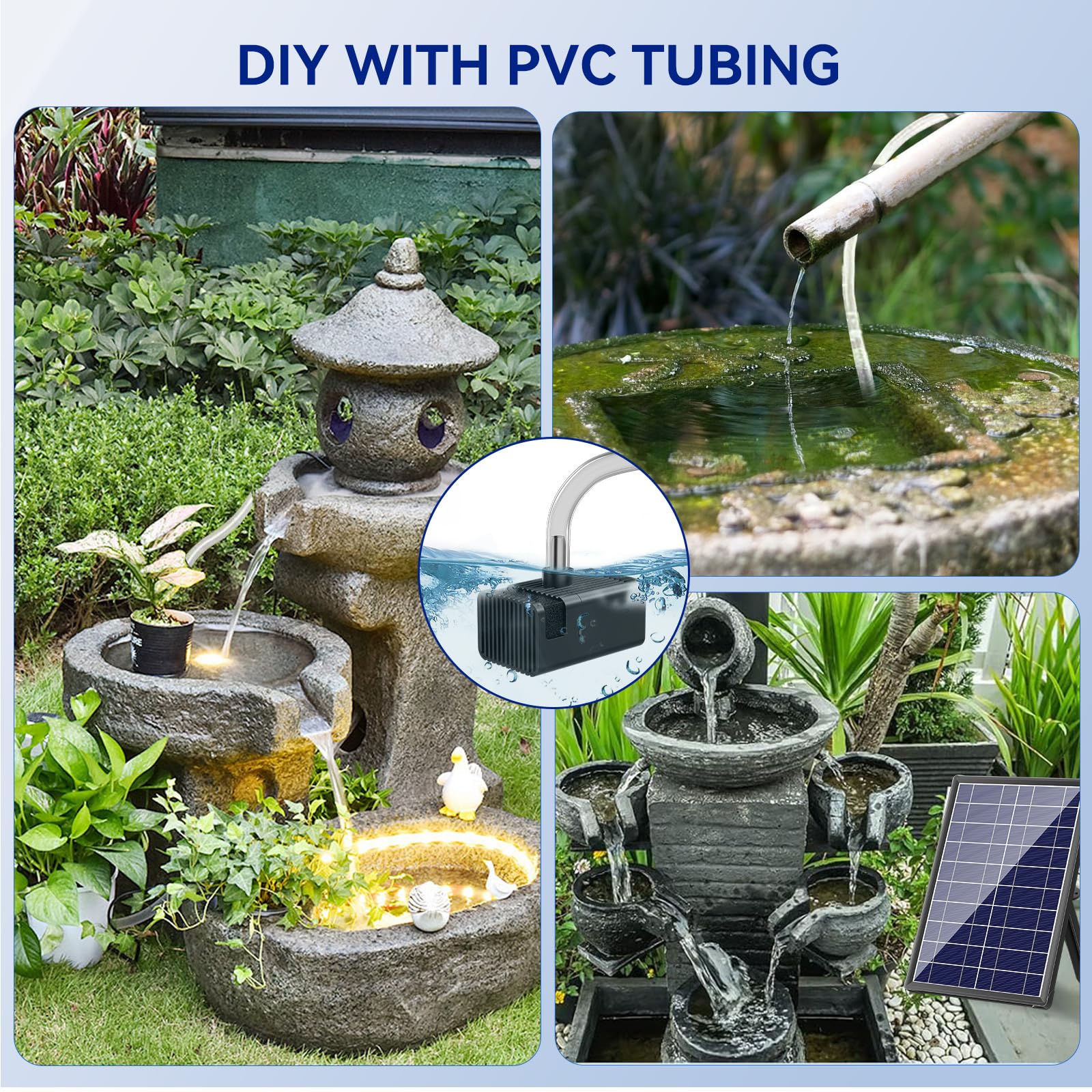 Antfraer Solar Springbrunnen für Vogelbad, 8W Solar Wasserbrunnenpumpe mit Trockenlaufschutz & Doppelschichtdüsen, solarbetriebener Brunnen mit 1,5 m Schlauch für kleinen Teich, Vogelbad, Wasserspiel