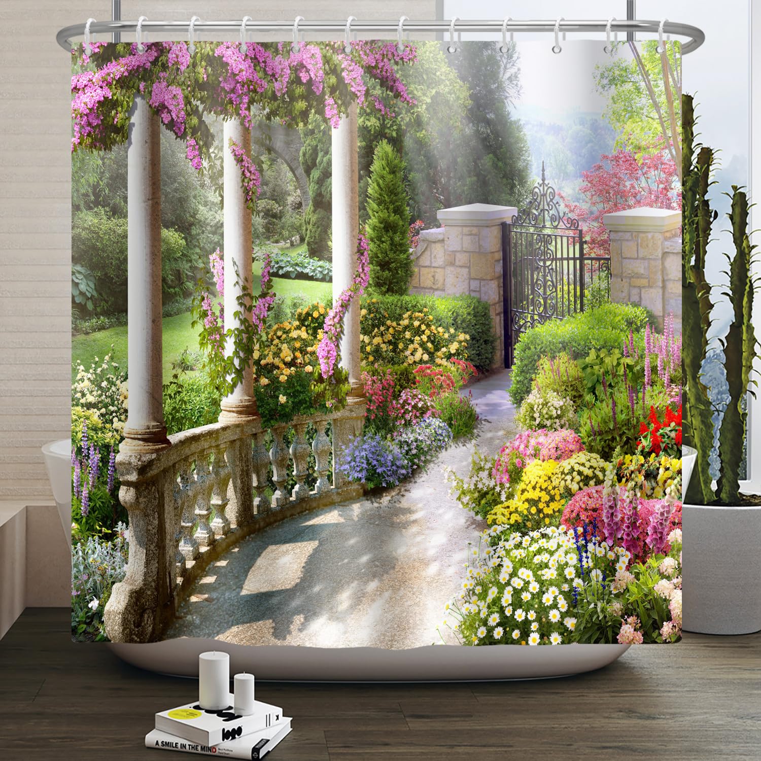 SDOTPMT 65x72inch Beautiful Garden Scenery Shower Curtain Vintage Garden Architecture Pillars Blooming Flowers Bath Curtain 3d Shower Curtain Bathroom Durable and Washable with Hooks — image 1