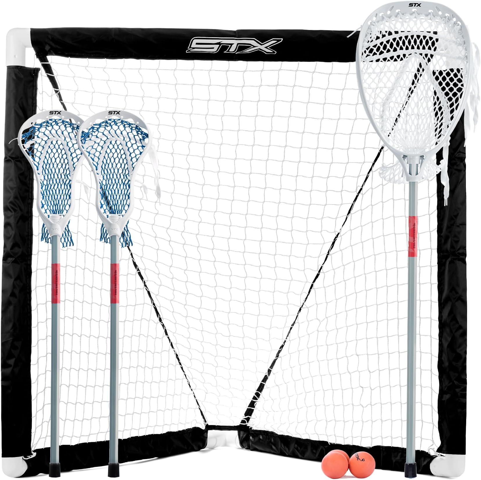 STX FiddleSTX Three Player Game Set with Two Field Player Sticks One Goalie Stick Mini Goal and Balls , White/Grey