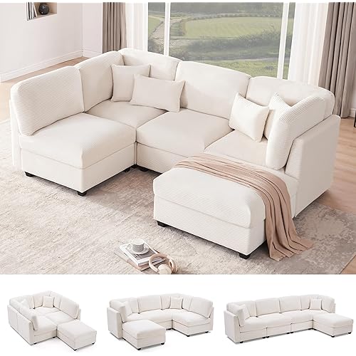 125 Inch Oversized Corduroy Modular Sectional Sofa, U Shaped Modular Couch with Storage, 5 Seat Convertible Corduroy Couch, Comfy Sectional Couches for Living Room with Foam, Light Beige