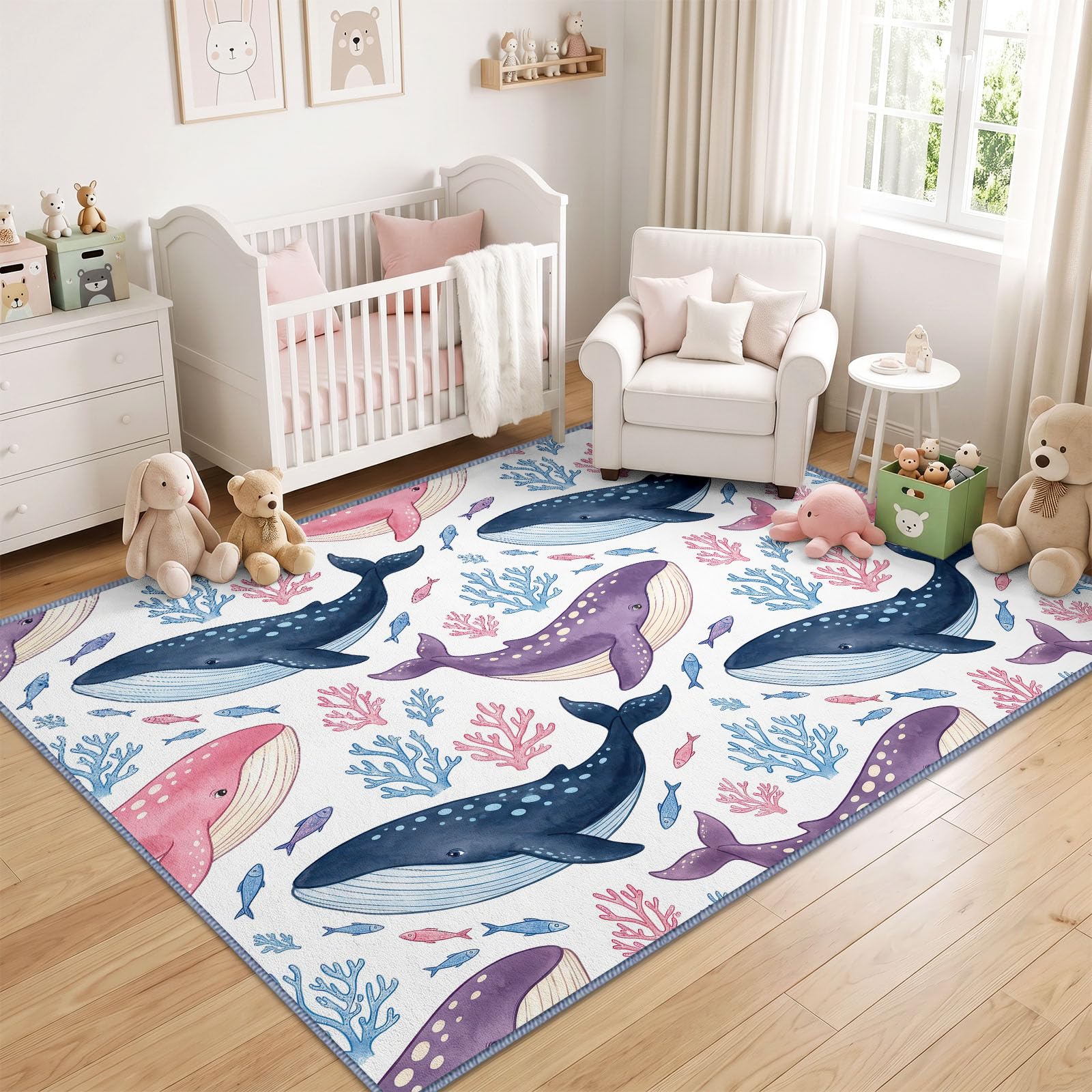 Générique Lavable en Machine Tapis Salon 80x156 cm, Baleine Corail Antidérapant à Poil Ras Tapis, Ludique Dessin Animé Écologique pour Salle à Manger Couloir Chambre Bureau
