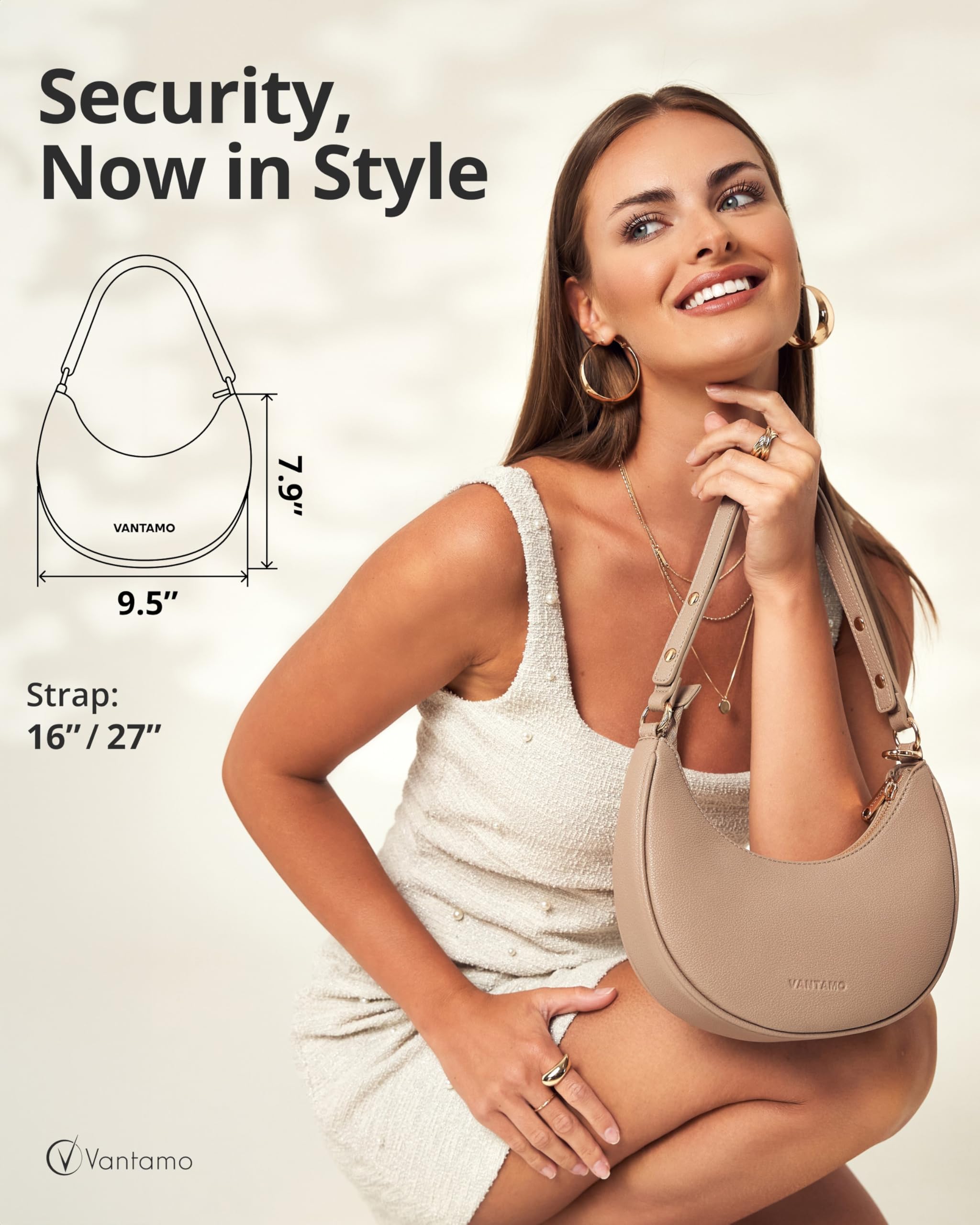 Vantamo Crescent Bags For Women with RFID Protection, Half Moon Clutch Purses for Women with Anti-Theft Clip for Extra Safety: Taupe