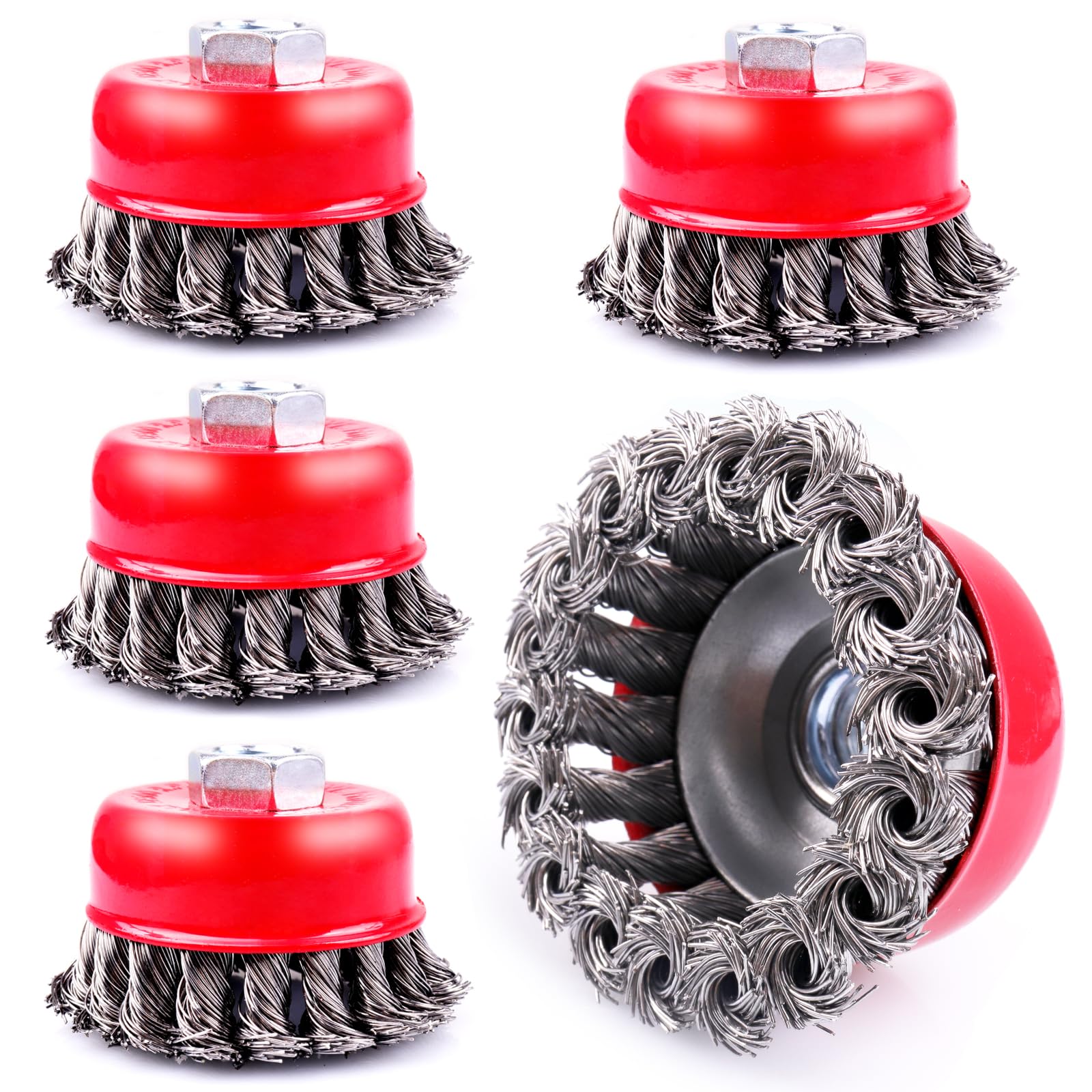 LSTOPGO 5 Pack 3 Inch Knotted Wire Cup Brush for 4 1/2 Angle Grinder, 5/8 Inch-11 Threaded Arbor, 0.02 Inch Carbon Steel Wire, Brush for Rust,