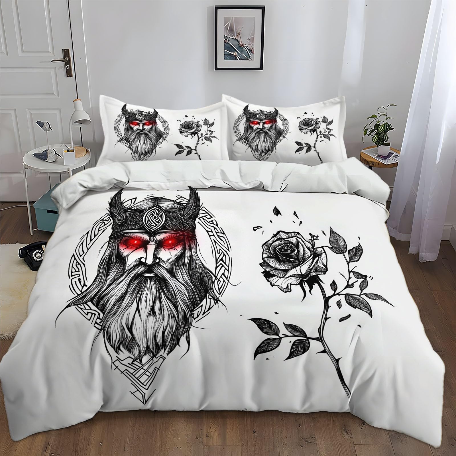 Zestaw pościeli Viking Geometryczna Róża Roślina 220 x 240 cm dla 2 osób, biała poszwa na kołdrę z nadrukiem z mikrofibry dla dziewczynki chłopca - Miękka wygodna pościel z 2 poszewkami na poduszki