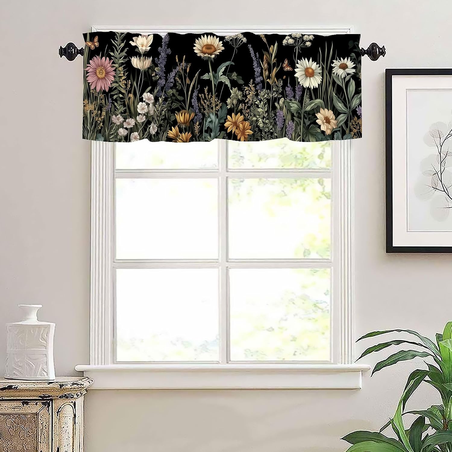 Floral Valances for Windows 2 pack,Rod Pocket Valance Curtains,Small Window Treatment Valances for Kitchen Living Room,Bedroom,Bathroom,Decor,18x54 Inch,2 Panel, Botanical Daisy Lavender Butterfly