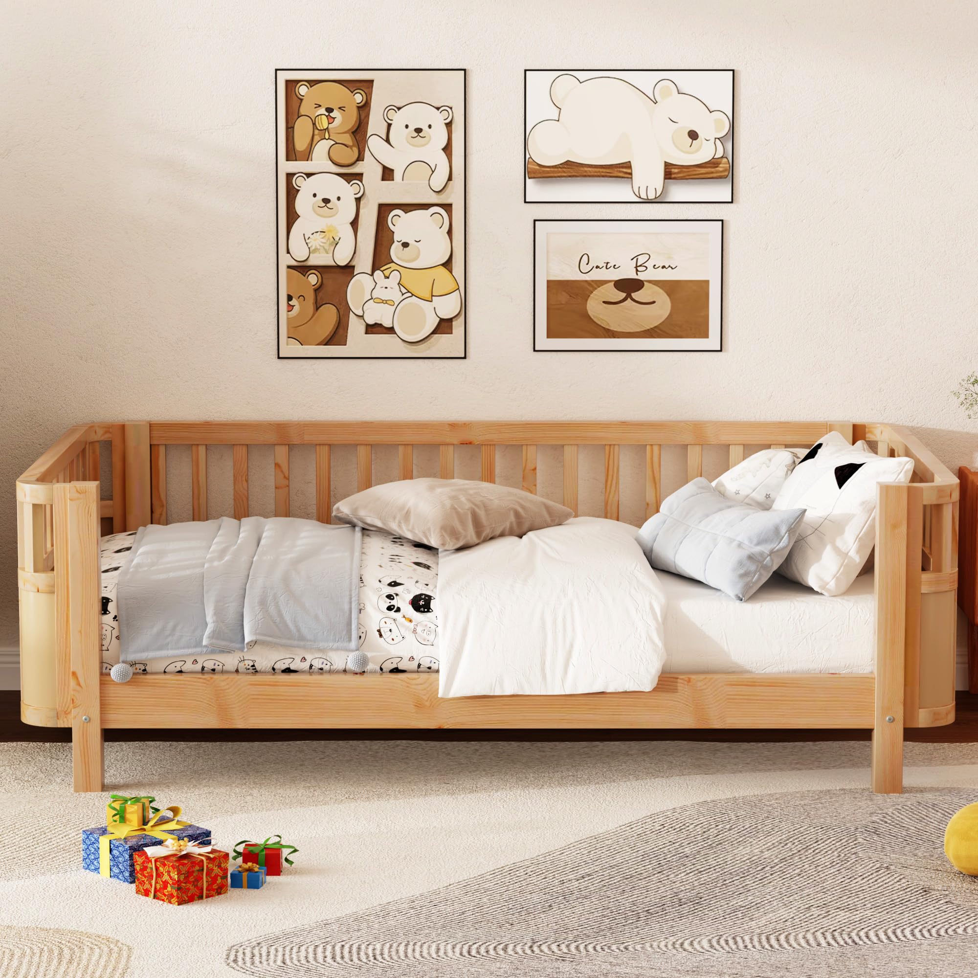 KEIKI Twin Size Wooden Floor Bed w/Removable Rails, Montessori Platform Bed Frame w/Safety Low Profile, Space Saving Corner Kids Beds for Boys Girls Bedroom, No Box Spring Needed, Easy Assembly, Brown