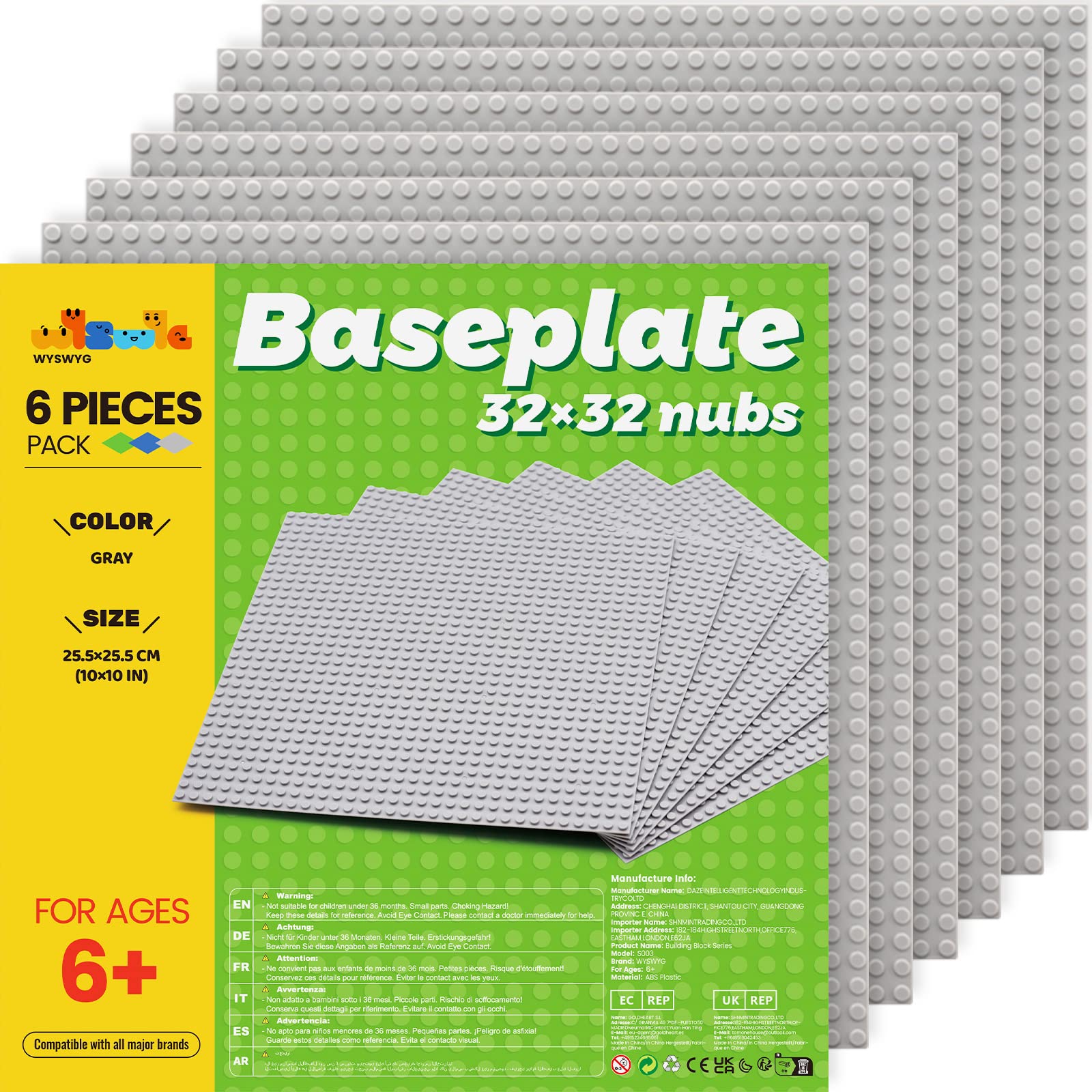 WYSWYG Classic Building Plate Set, 6 Base Plates 25 * 25cm, 100% Compatible With All Building Blocks From Major Brands, Gray โ image 1