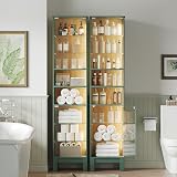 ZKIODV 180cm Vitrine LED, Armoire Vitrine Moderne avec Porte en Verre Trempé, 8 Étagères de Rangement Dont Réglables, Éclairage LED 3 Couleurs, Meuble Vitrine Étroit pour Salon, Bureau (Vert + Chêne) - 8