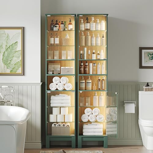 ZKIODV 180cm Vitrine LED, Armoire Vitrine Moderne avec Porte en Verre Trempé, 8 Étagères de Rangement Dont Réglables, Éclairage LED 3 Couleurs, Meuble Vitrine Étroit pour Salon, Bureau (Vert + Chêne) - 8