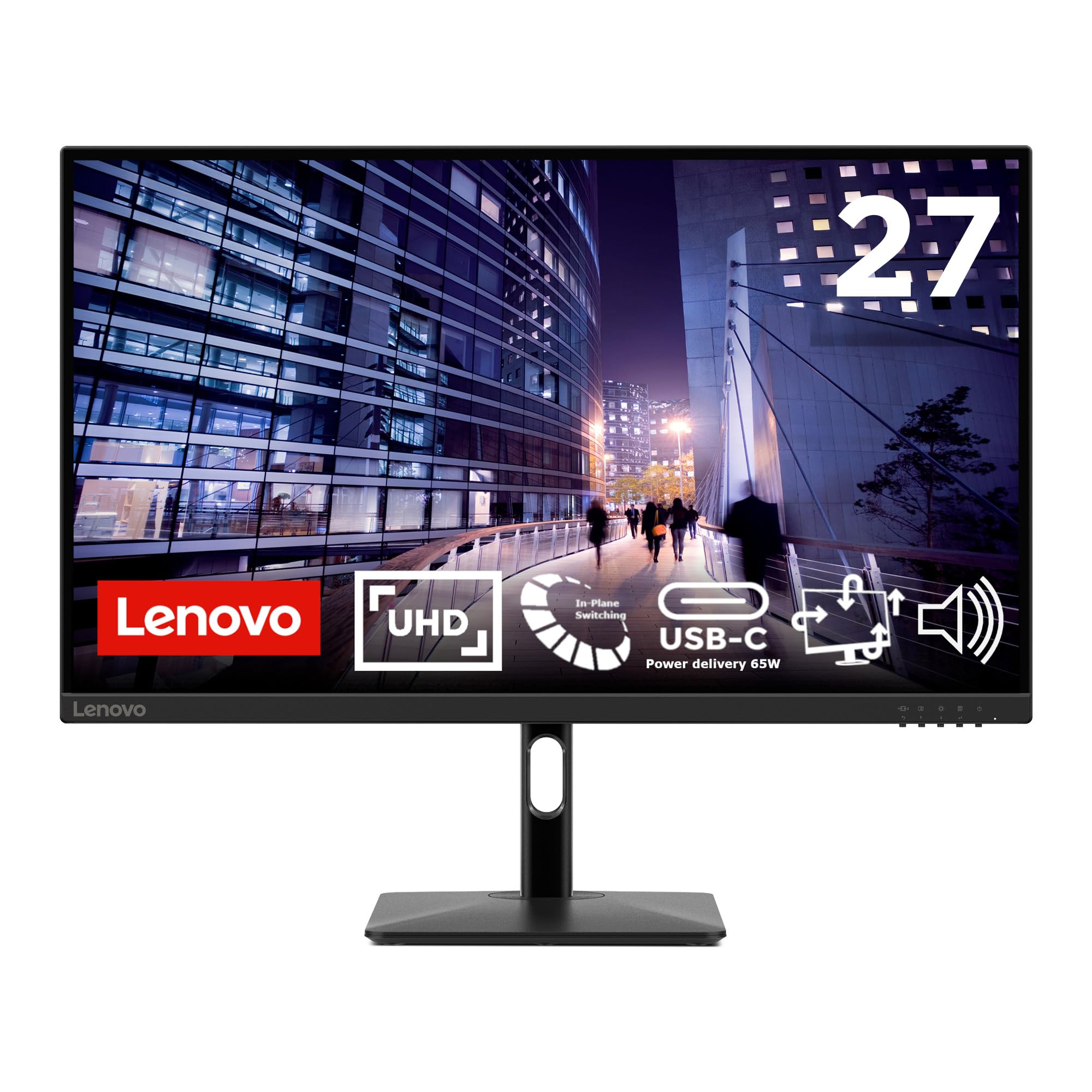 Lenovo N27p Monitor 27" UHD (3840x2160), IPS, 4ms, 60Hz, Altoparlanti integrati, Low Blue Light, Flicker free, Regolabile, HDMI, DP e USB-C