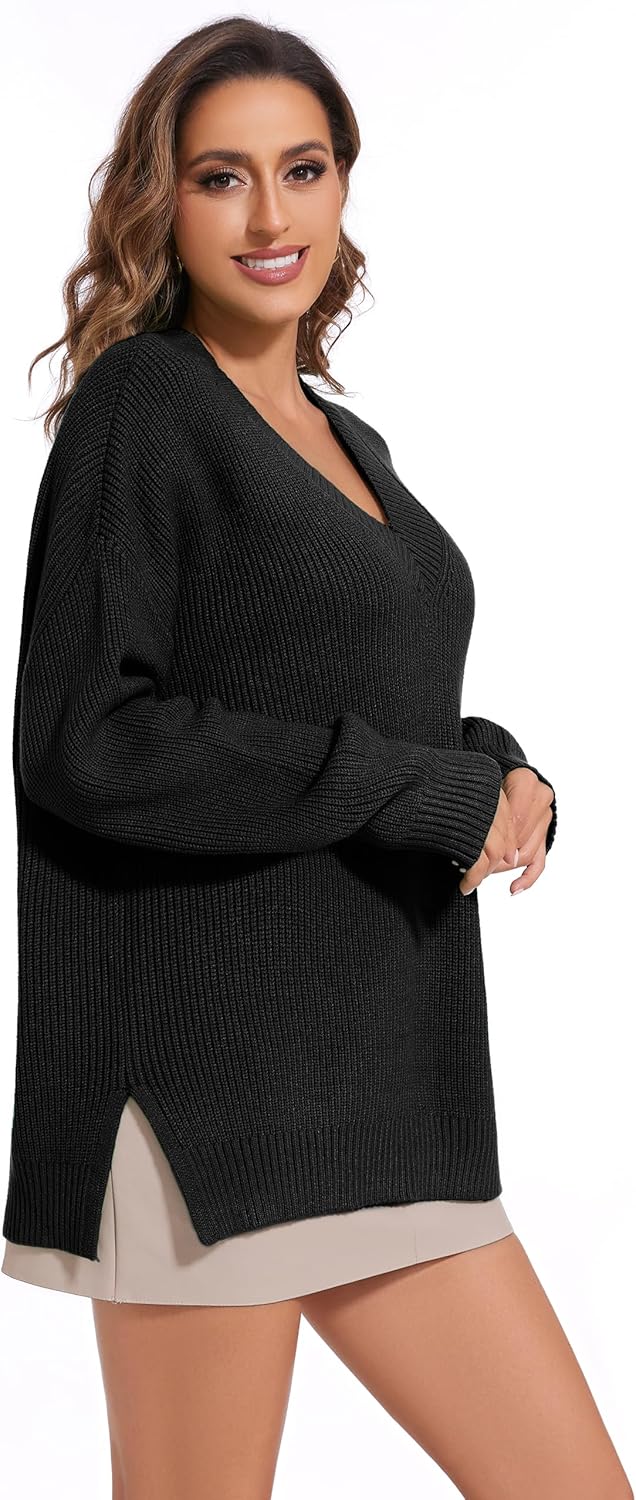 Women's V Neck Oversized Sweaters for Women Off Shoulder Loose Knit Jumper Pullover Tops - Image 3