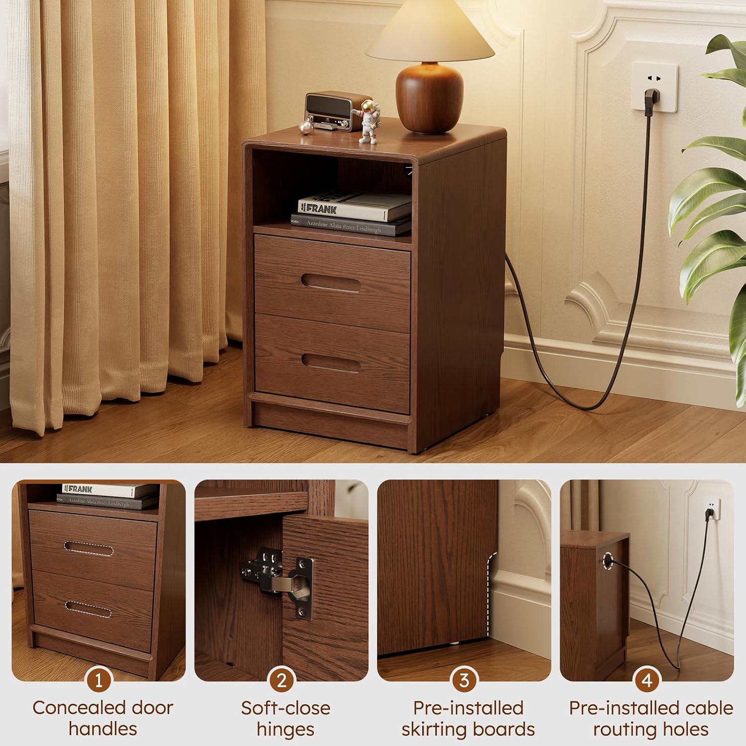 Modern Nightstand, Wooden Bedside Table with Open and Closed Storage Space and Removable Shelf, Night Stand is Ideal for Bedroom