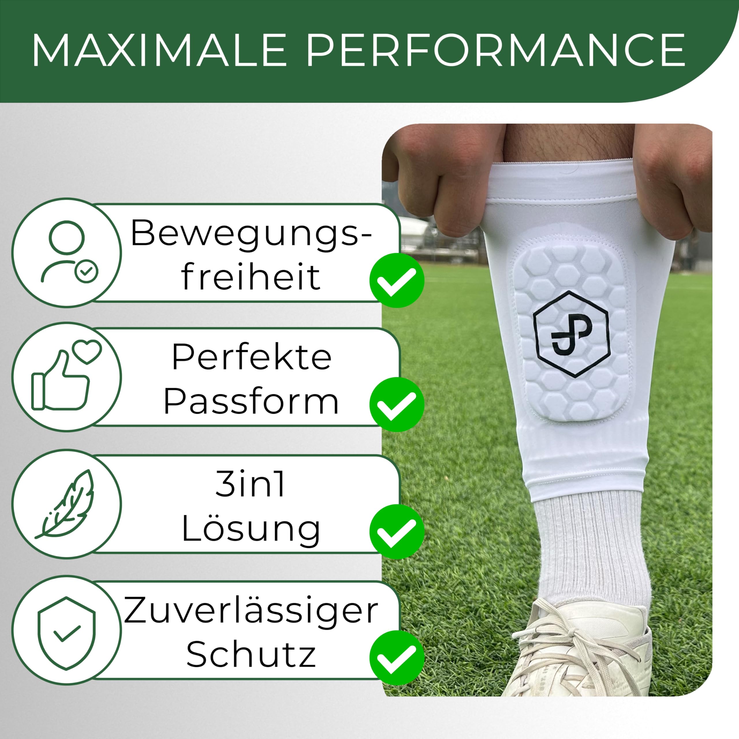 JDP Premium 3in1 Schienbeinschoner, Strumpf mit integriertem Schienbeinschoner (schützendes Pad), hochwertiger Schienbein Schoner inkl. Fußballstutzen, Fußballschoner Fussball Herren Frauen Kinder