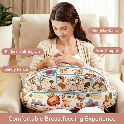 Miniatura 5 de Safety Fence Nursing Pillow, Breast Feeding Pillows for Women, Removable Cotton Cover with Breathable Firm Fill, Plus Size Pillow for Baby, Animal