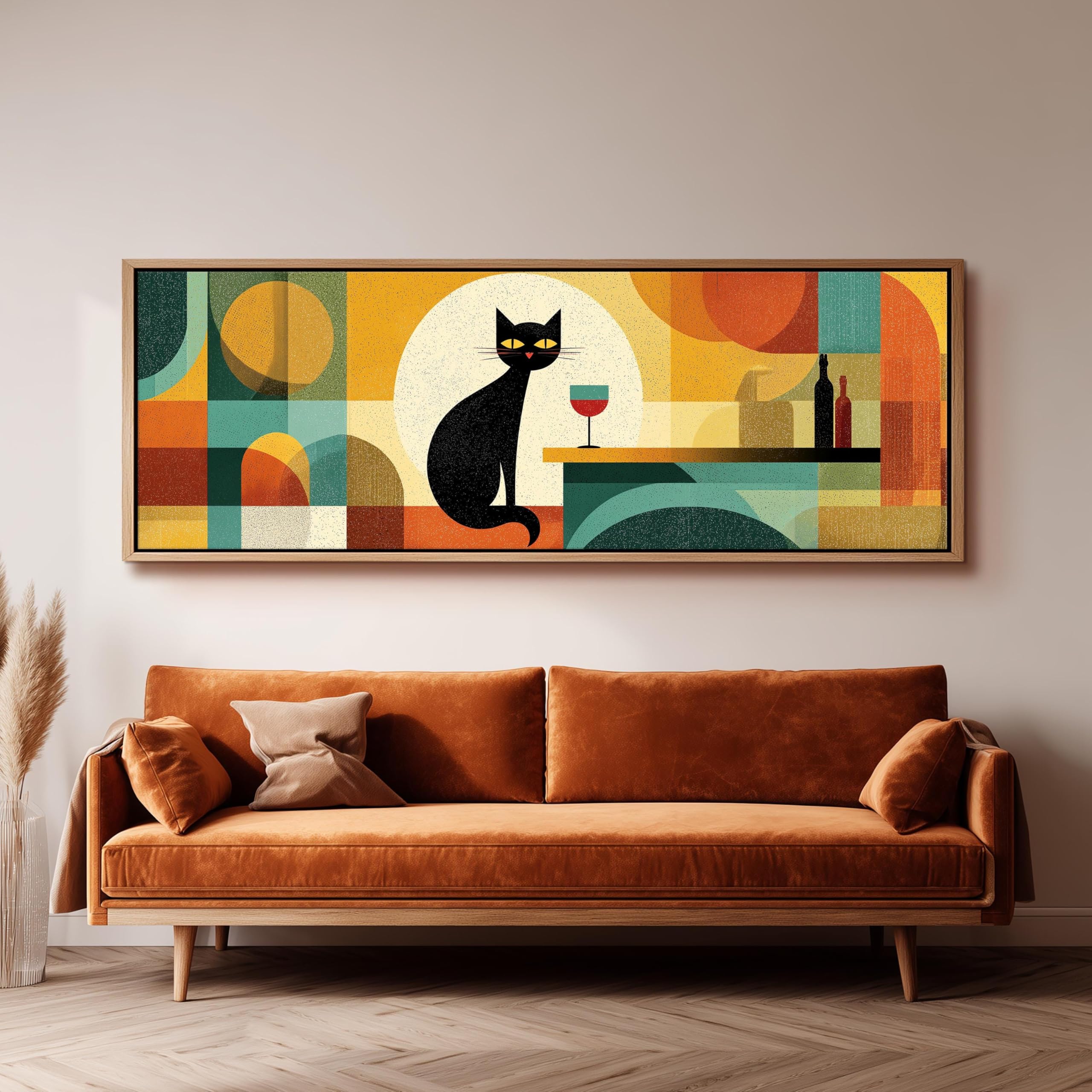 XINBAO Obraz z motywem kota w stylu lat 50. XX wieku, panoramiczny, duży format panoramiczny, czarny kot z kieliszkiem wina, geometryczna dekoracja w stylu retro, obraz ścienny do kuchni lub baru (20
