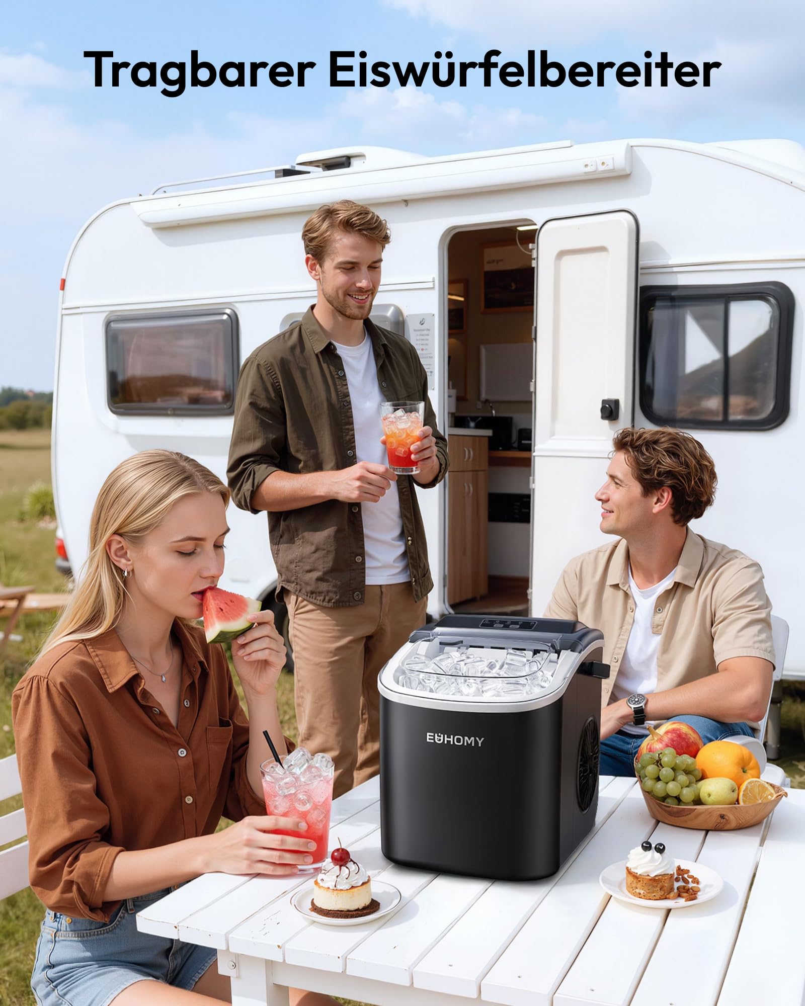 EUHOMY Eiswürfelmaschine 12KG Ice Maker Selbstreinigend Schwarz Tragbarer Griff