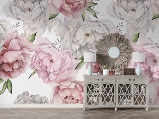 MareWallArt Peony Floral Wallpaper Mural Colorful Flowers Wallpaper Pink Blossom Wall Print for Girls Bedroom Childroom Kindergarten Livingroom