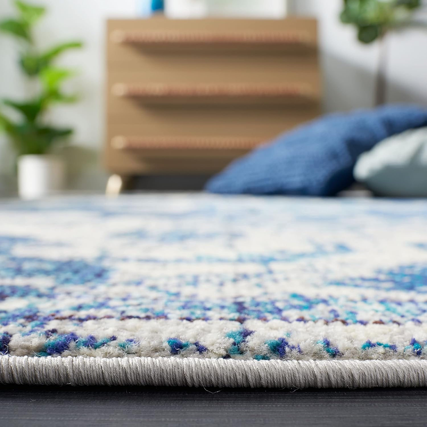 SAFAVIEH Madison Collection Runner Rug - 2' x 8', Ivory & Blue, Boho Chic Medallion Distressed Design, Non-Shedding & Easy Care, Ideal for High Traffic Areas in Living Room, Bedroom (MAD484A)
