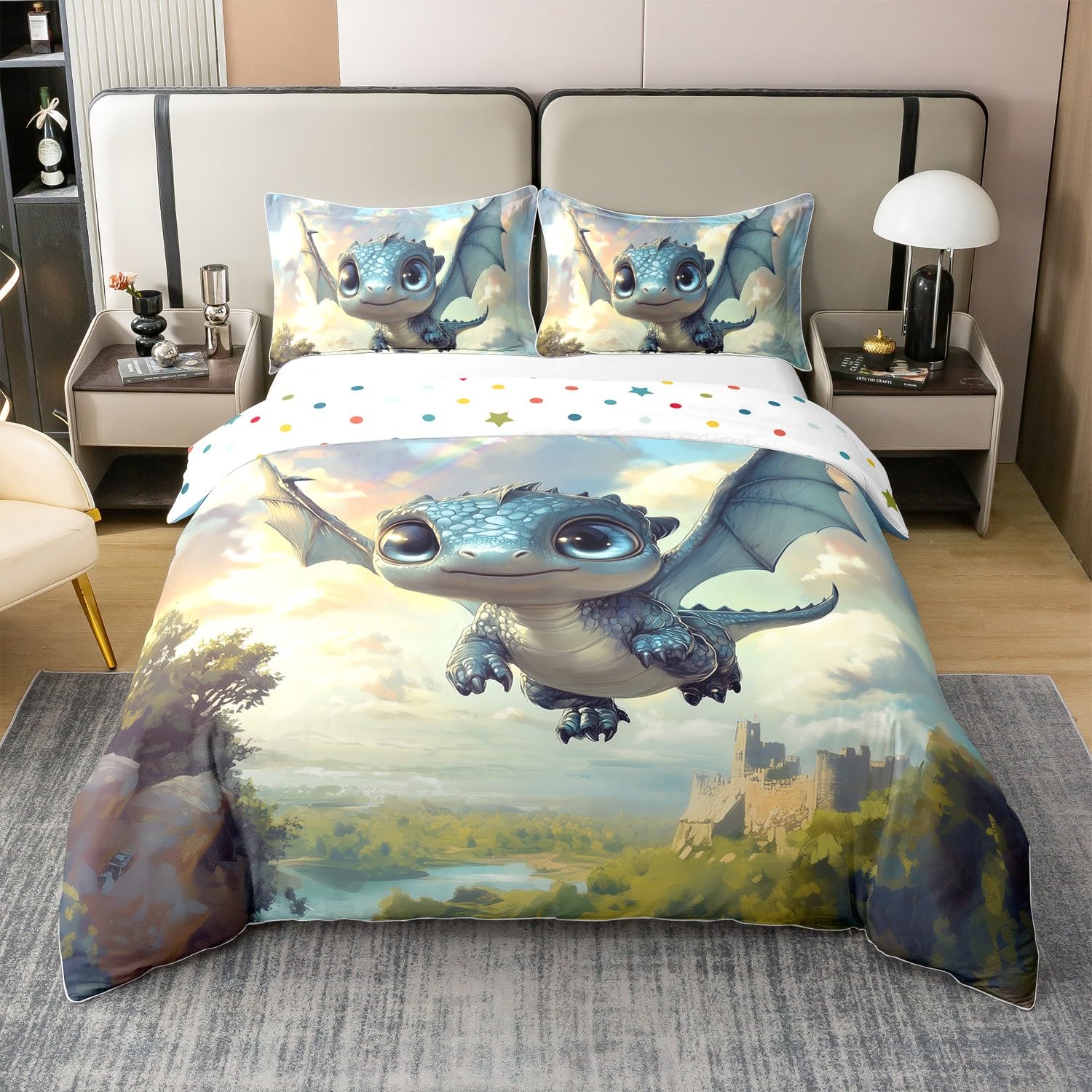 Süße Drache 100% Baumwolle Bettbezug 155x220 für Jungen Mädchen Blaue Kawaii Wildtiere Bettwäsche Set Fliegender Drache Tröster Abdeckung Regenbogen Garten 3D Cartoon Westliche Wildtiere Bett Set