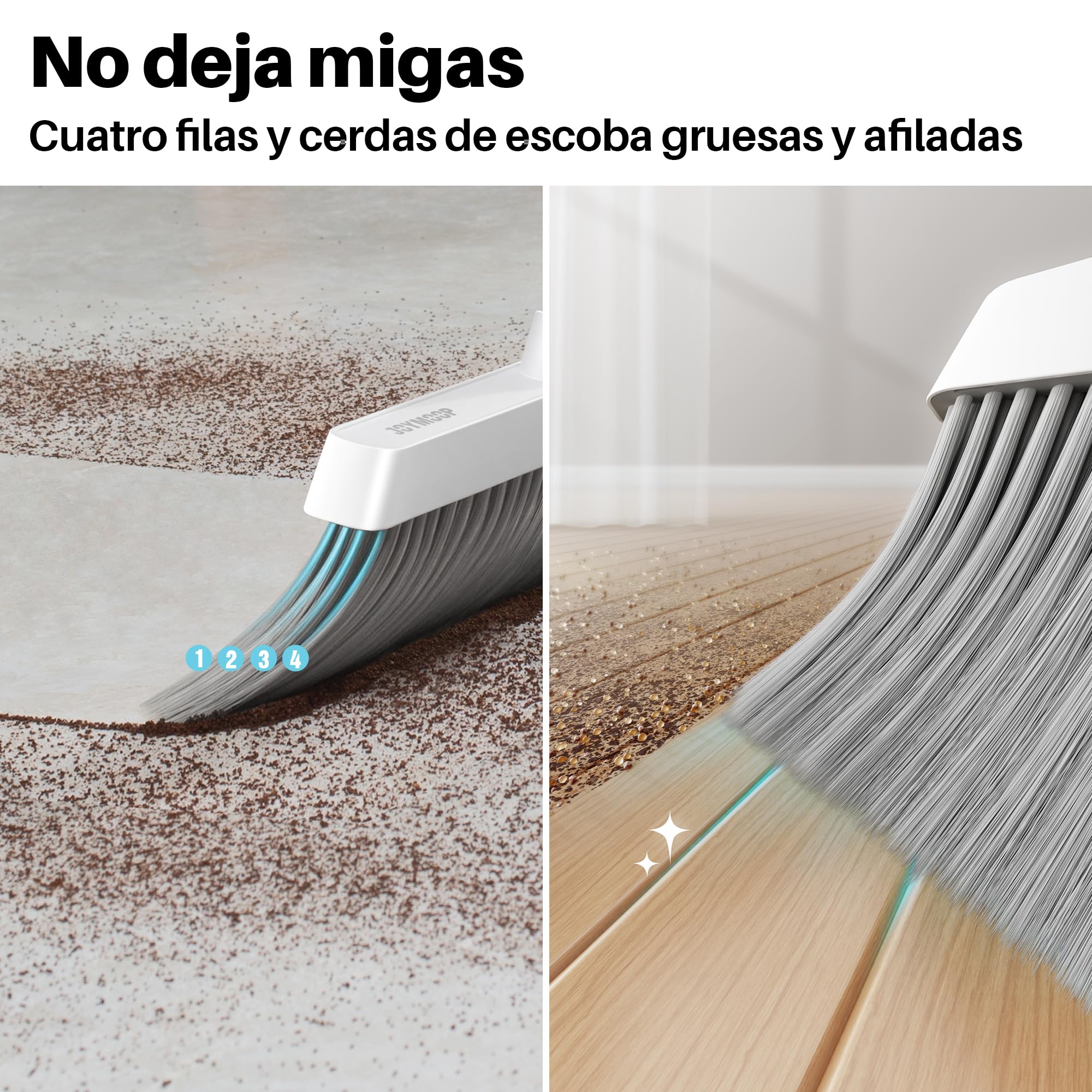 JOYMOOP Set Escoba y recogedor, recogedor y Cepillo con Mango Largo, Escoba sin Necesidad de agacharse para Uso Interior y Exterior, Blanco y Gris