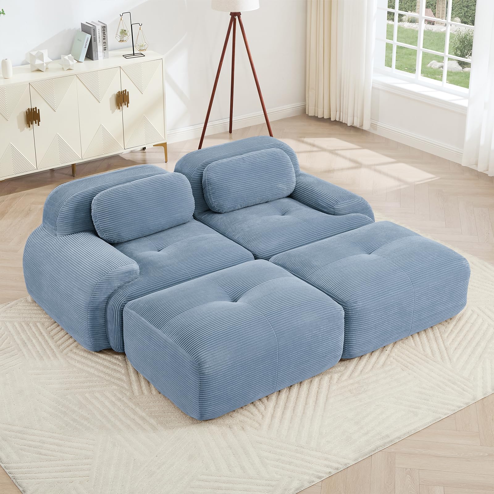 Modular Sectional Sofa Boneless Couch, Cloud Sectional Couches for Living Room, Oversized Sofa with Deep Seat and Ottoman, Corduroy Upholstery Blue Loveseats, No Assembly, U-Shape