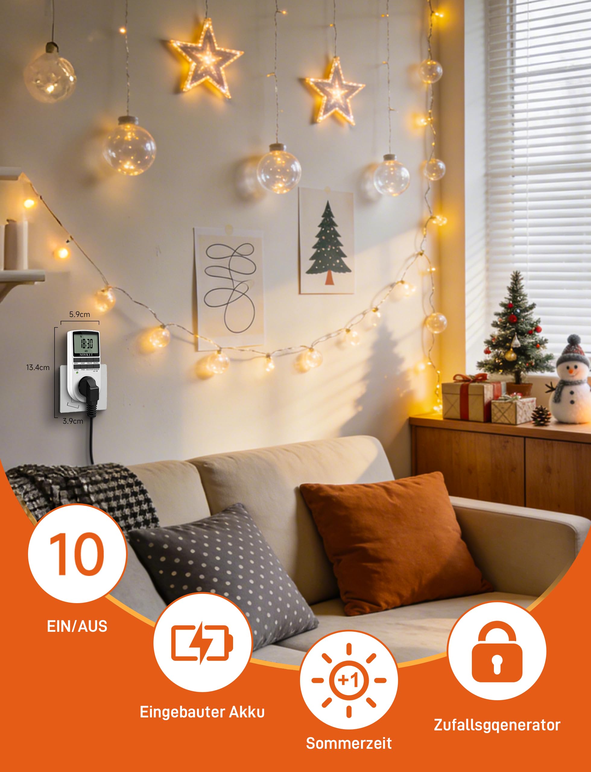 2x NOVKIT digitale Zeitschaltuhr Steckdose mit 10 konfigurierbaren wöchentlichen Programme und einbruchsicheren Zufallsfunktion für Innen (230V / 16A / 3680W)