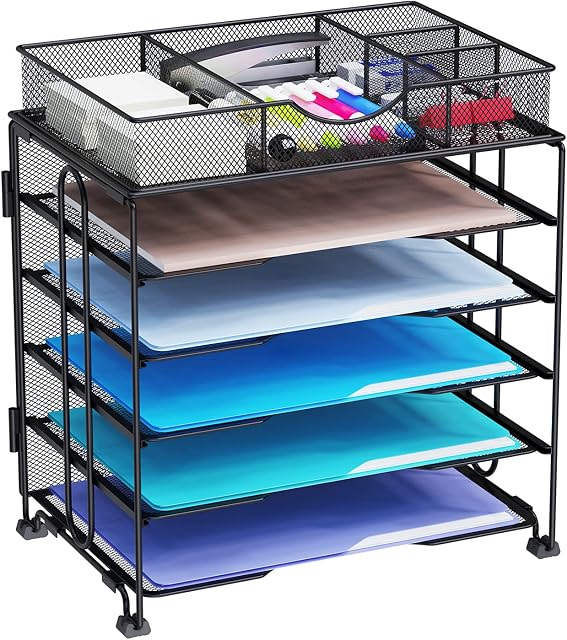KEEGH Paper Organiser Tray,5 Tier Mesh Desk File Organiser with Extra Drawer | Screws Free Design (5 Tray with Drawer)