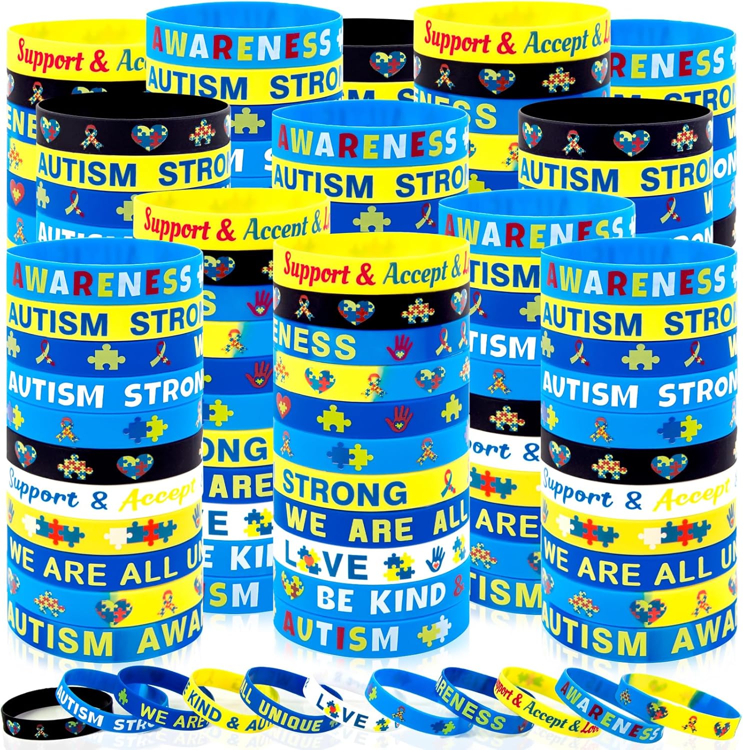 Moon Boat 144PCS Autism Awareness Silicone Bracelets Bulk Colorful Puzzle Wristbands for Schools Fundraisers Community Events Team Support Gifts
